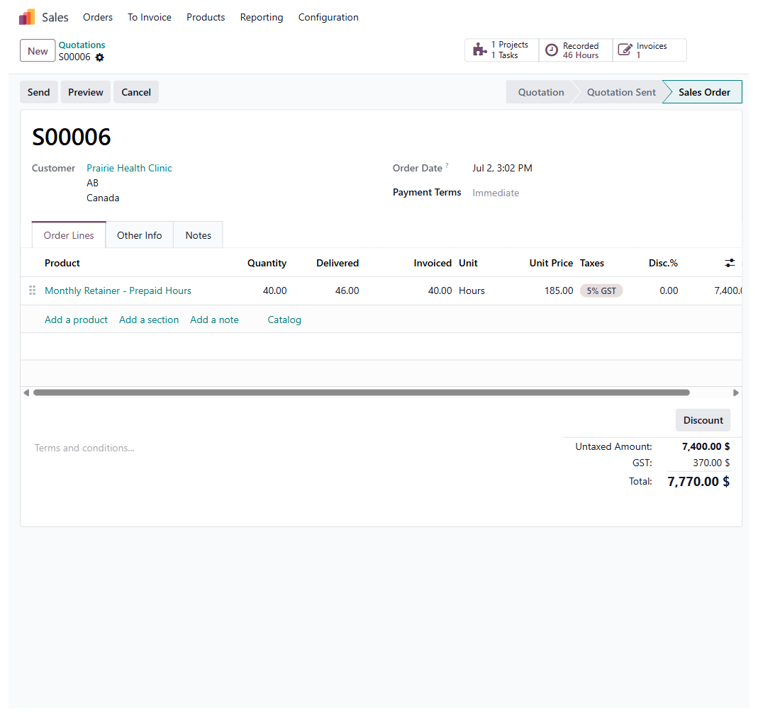 Odoo retainer burn-down: a prepaid 40-hour block at 46 hours delivered, with an Upsell activity raised because delivered passed the block