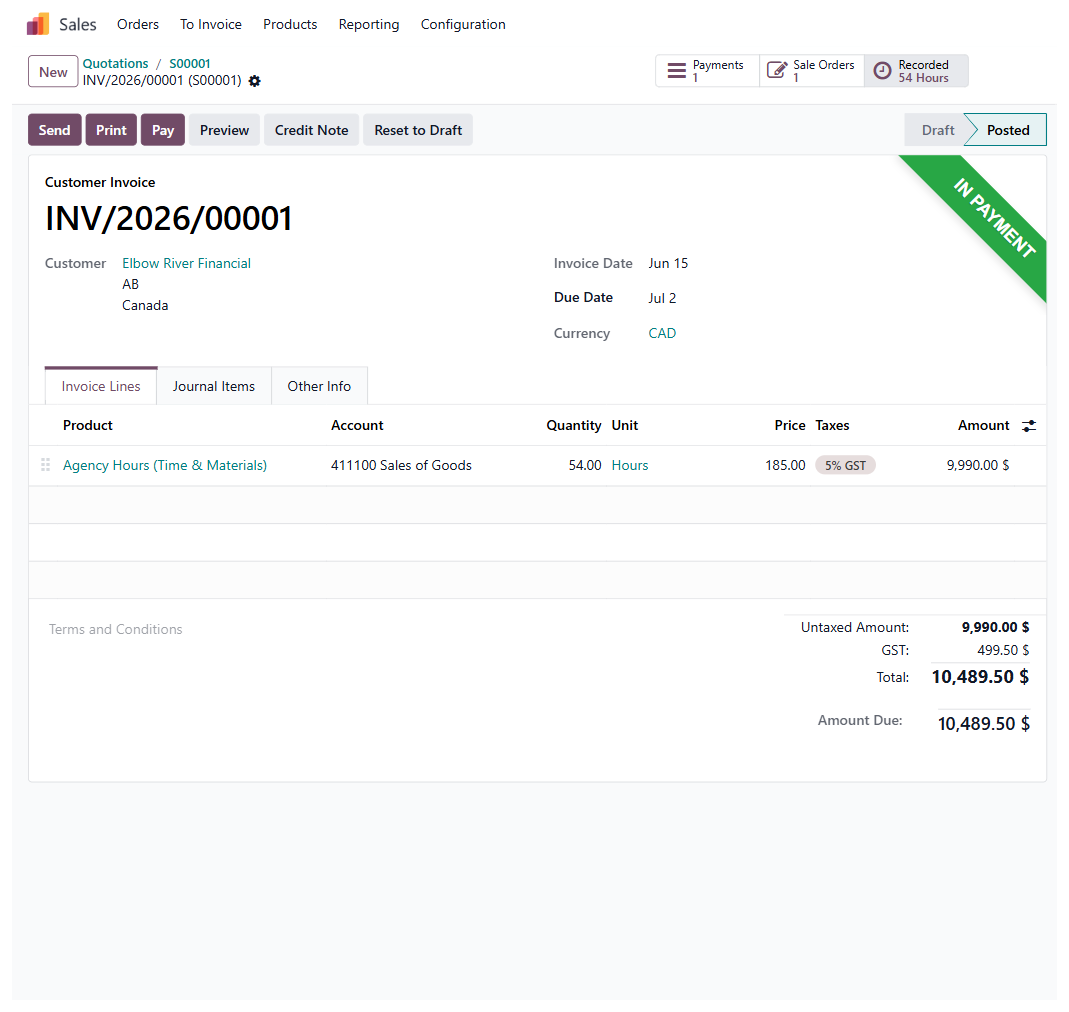 Odoo timesheet-to-invoice: 54 billable hours logged against tasks for the Elbow River account turned into a 9,990 dollar customer invoice