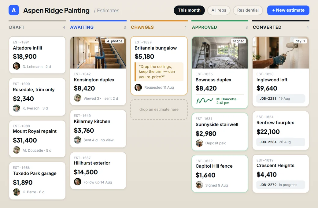 A painting contractor's estimate on a tablet: site photos, priced line items and the client's signature