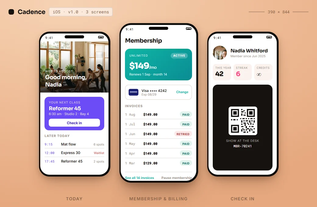 Three screens of a first release: today's classes, the membership and billing screen, and check-in