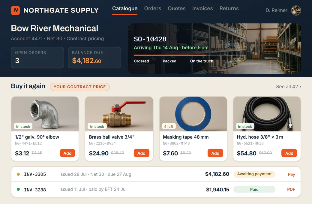 A dealer portal: the account's open orders, a live delivery tracker, contract-priced reorder tiles and open invoices