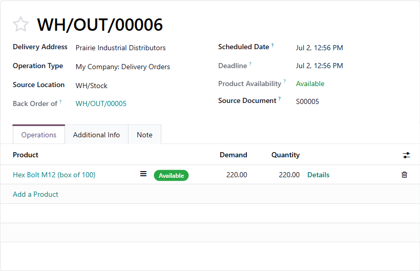 Odoo backorder delivery WH/OUT/00006 for 220 boxes, marked Back Order of WH/OUT/00005, product available