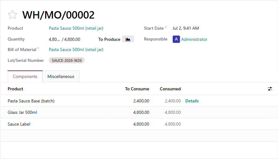 A completed Odoo manufacturing order: 4,800 jars produced from 2,400 base plus 4,800 jars and labels, lot SAUCE-2026-W26 assigned