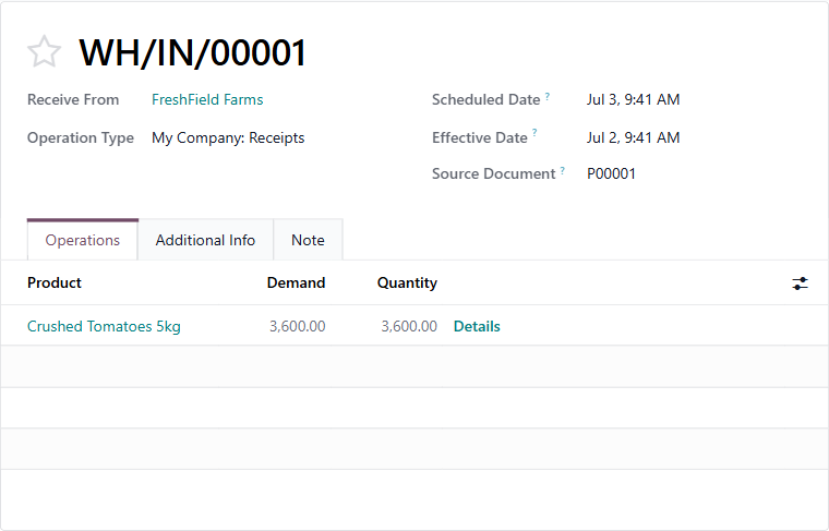 An Odoo receipt from the vendor FreshField Farms, 80 units of Crushed Tomatoes received and marked done