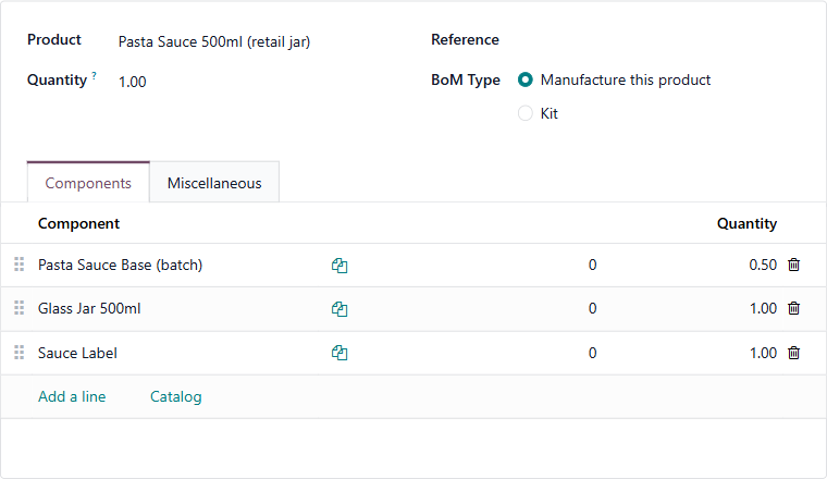 Odoo bill of materials for the finished jar, built from the sauce base plus glass jar and label