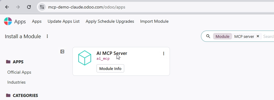 Odoo 20 Apps, search for MCP server, showing the AI MCP Server module