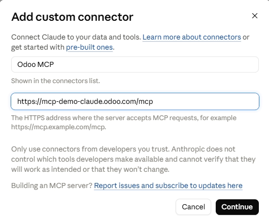 Claude's Add custom connector dialog with the Odoo address ending in /mcp