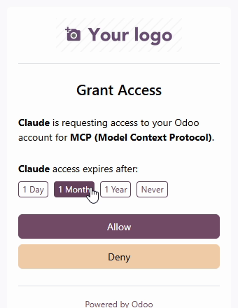 Odoo Grant Access page with 1 Day, 1 Month, 1 Year and Never options