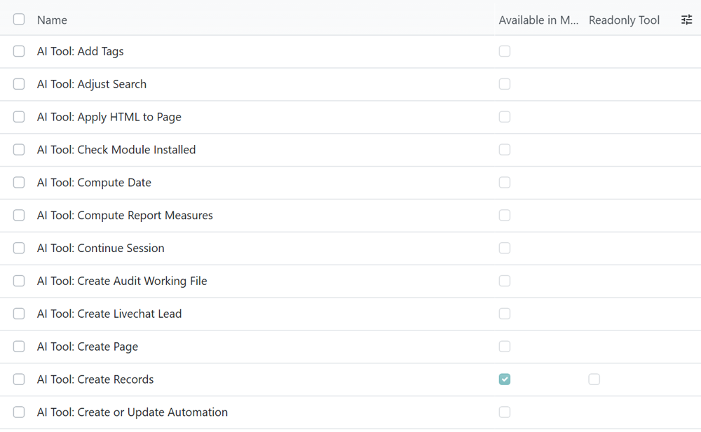 Odoo 20 Server Actions list filtered to AI tools, with the Available in MCP column