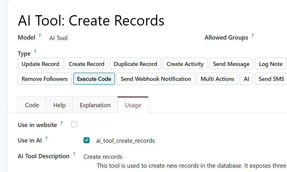 AI Tool: Create Records form, Usage tab, with Use in AI ticked