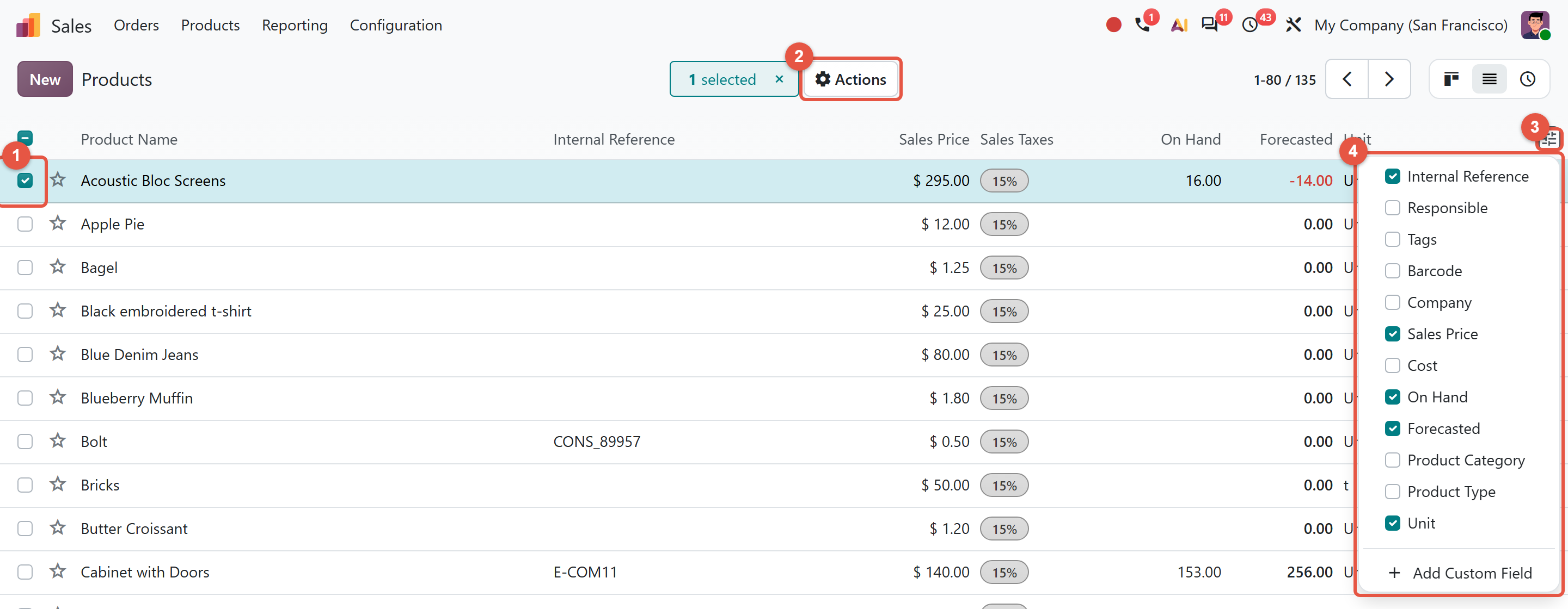 Odoo 20 Products list with one ticked row, the Actions button, the sliders icon and the optional columns menu highlighted
