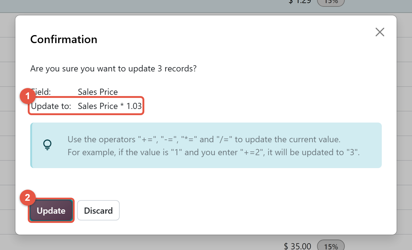 Odoo 20 Confirmation window asking to update 3 records with Sales Price multiplied by 1.03