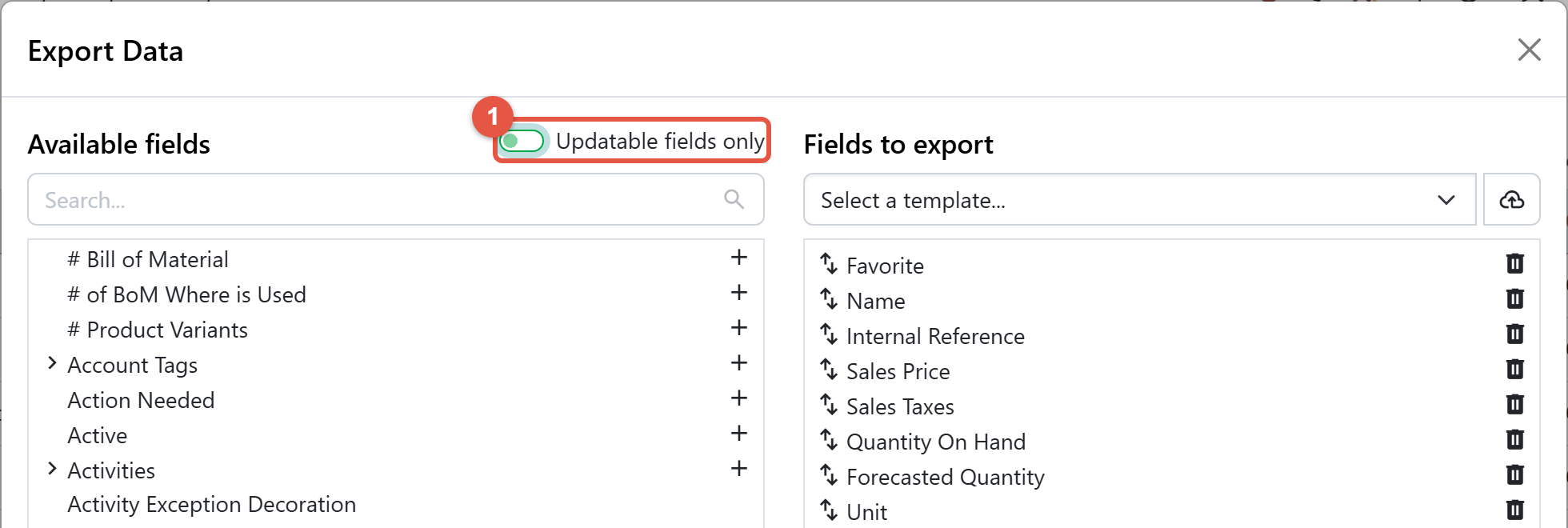 Odoo 20 Export Data window with the Updatable fields only switch highlighted
