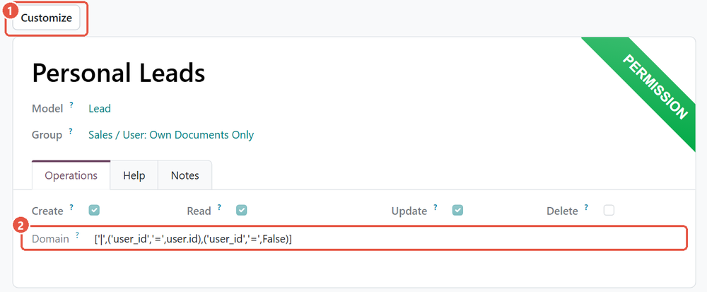 The standard Personal Leads access entry in Odoo 20 with the Customize button and its domain highlighted