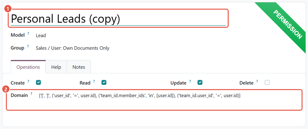 The Personal Leads (copy) access entry in Odoo 20 with the team domain pasted into the Domain field