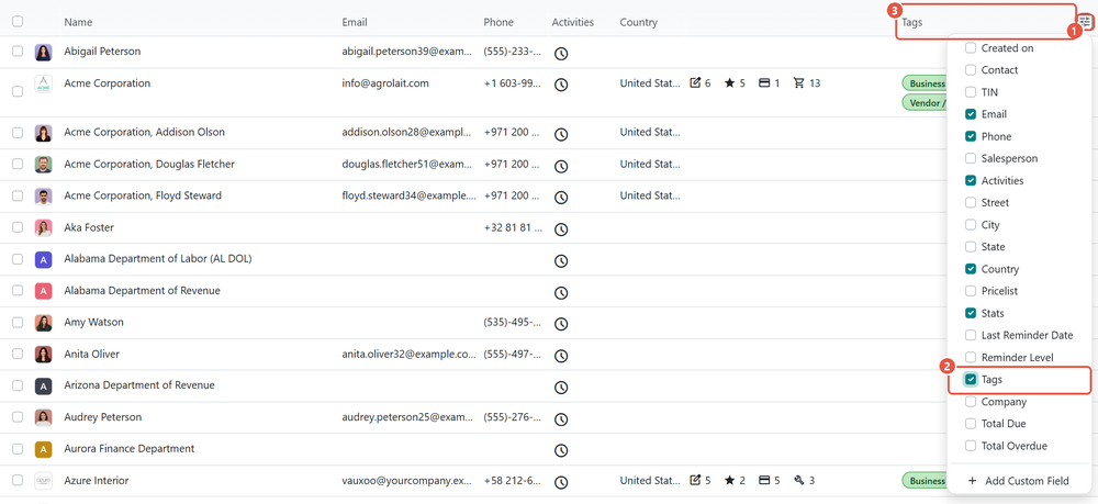 Odoo 20 Contacts list with the column options menu open, Tags ticked, and a Tags column showing the Business tag