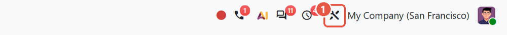 Odoo 20 top bar with the Toggle Studio icon marked