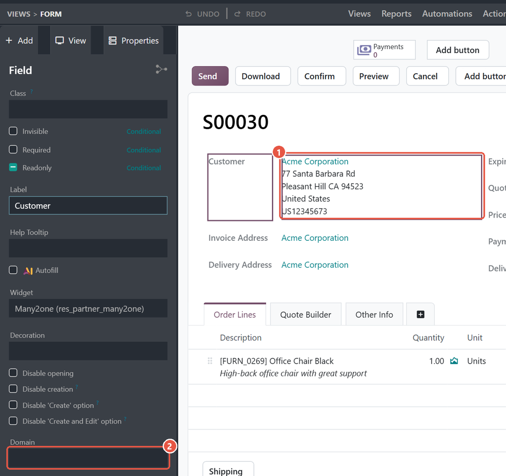 Odoo 20 Studio editor on a quotation with the Customer field selected and its Domain property in the side panel