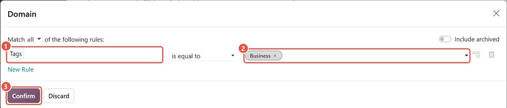 Odoo 20 Studio Domain dialog with one rule: Tags is equal to Business