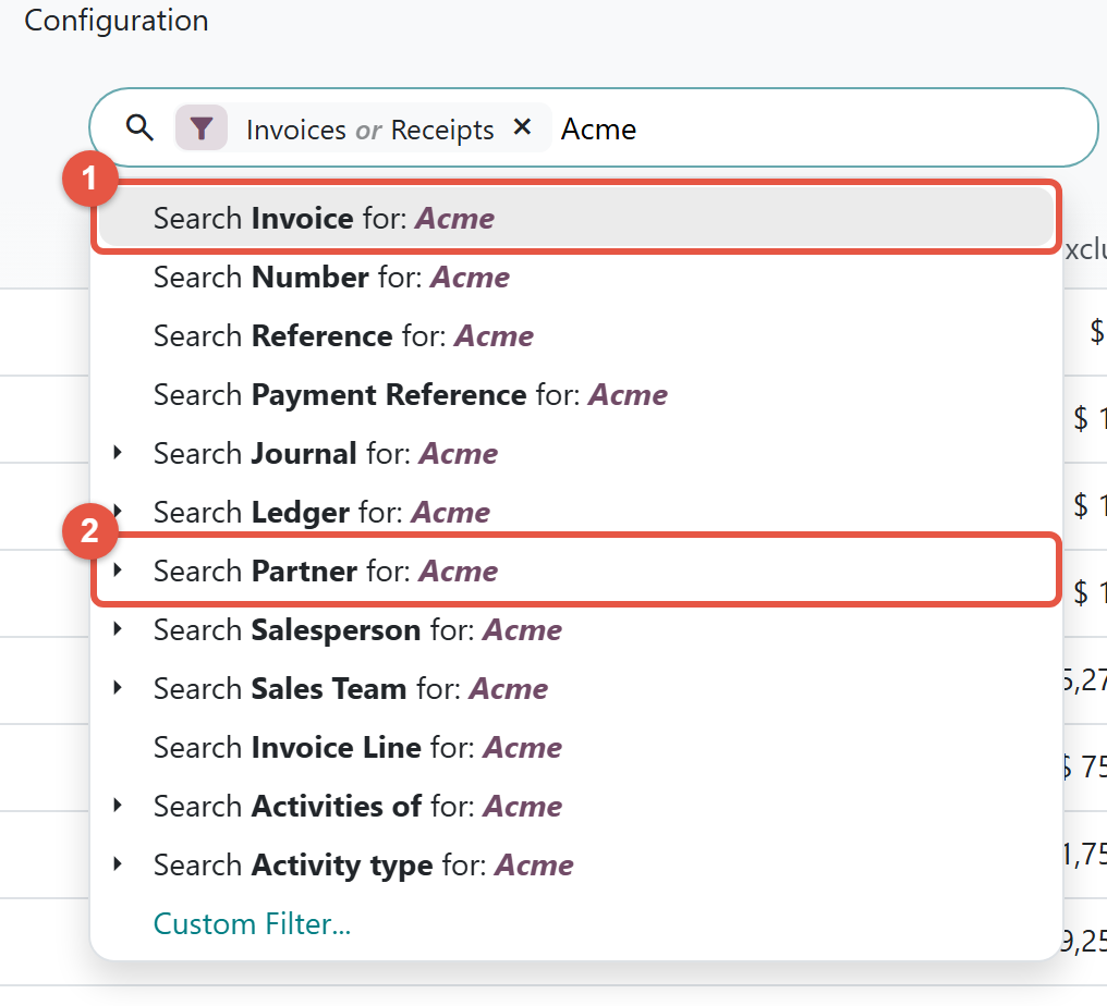 Odoo 20 invoice search bar with Acme typed and the Search Invoice for and Search Partner for suggestions highlighted