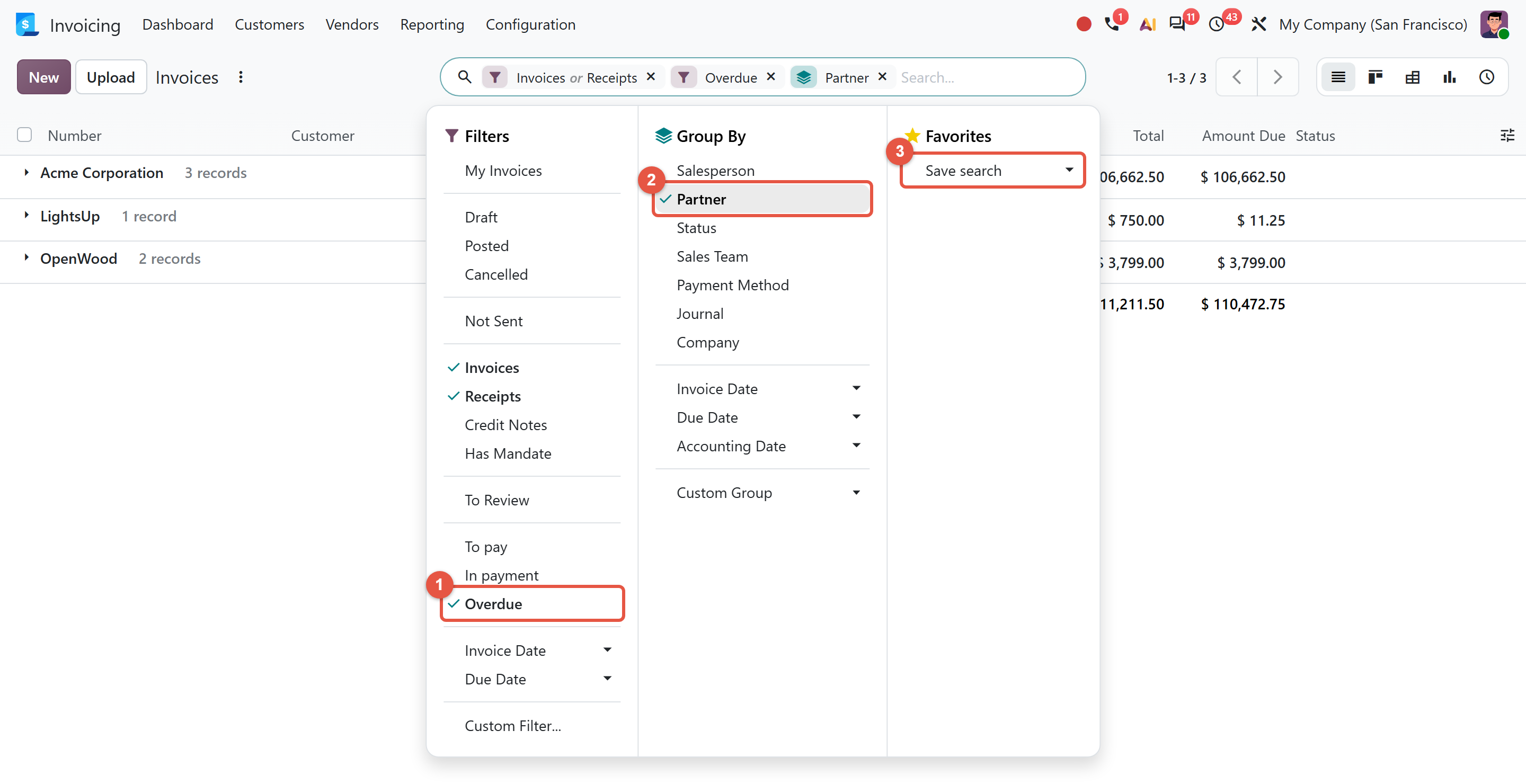 Odoo 20 invoice search panel with the Overdue filter, the Group By Partner option and Save search highlighted