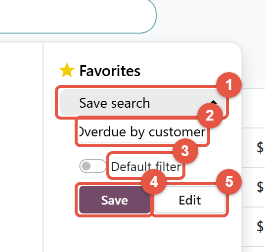 Odoo 20 Save search panel under Favorites with the filter name, Default filter, Save and Edit highlighted