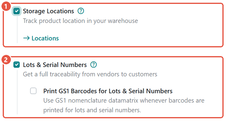 Odoo 20 Inventory settings with Storage Locations and Lots & Serial Numbers ticked