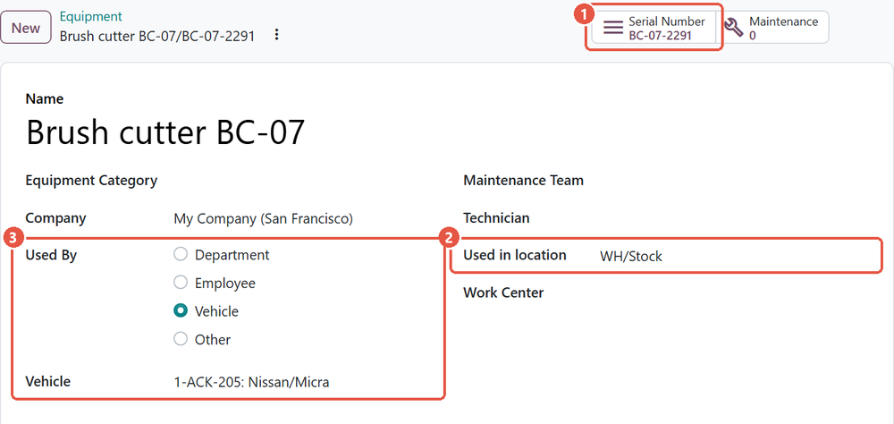 Odoo 20 Maintenance equipment form for a brush cutter with the serial number shortcut, Used in location and Vehicle fields highlighted