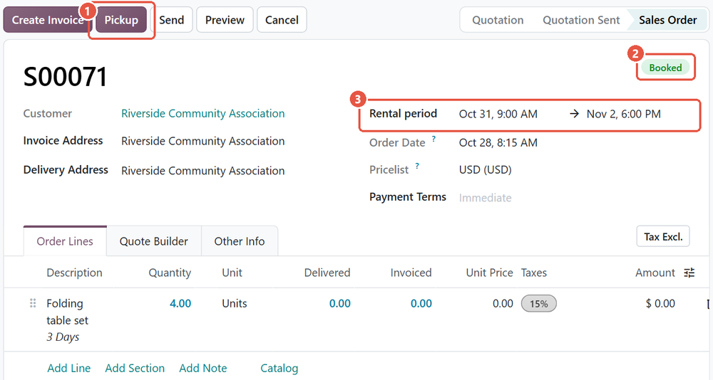 Confirmed Odoo 20 rental order for a community association with the rental period, Booked status and Pickup button highlighted