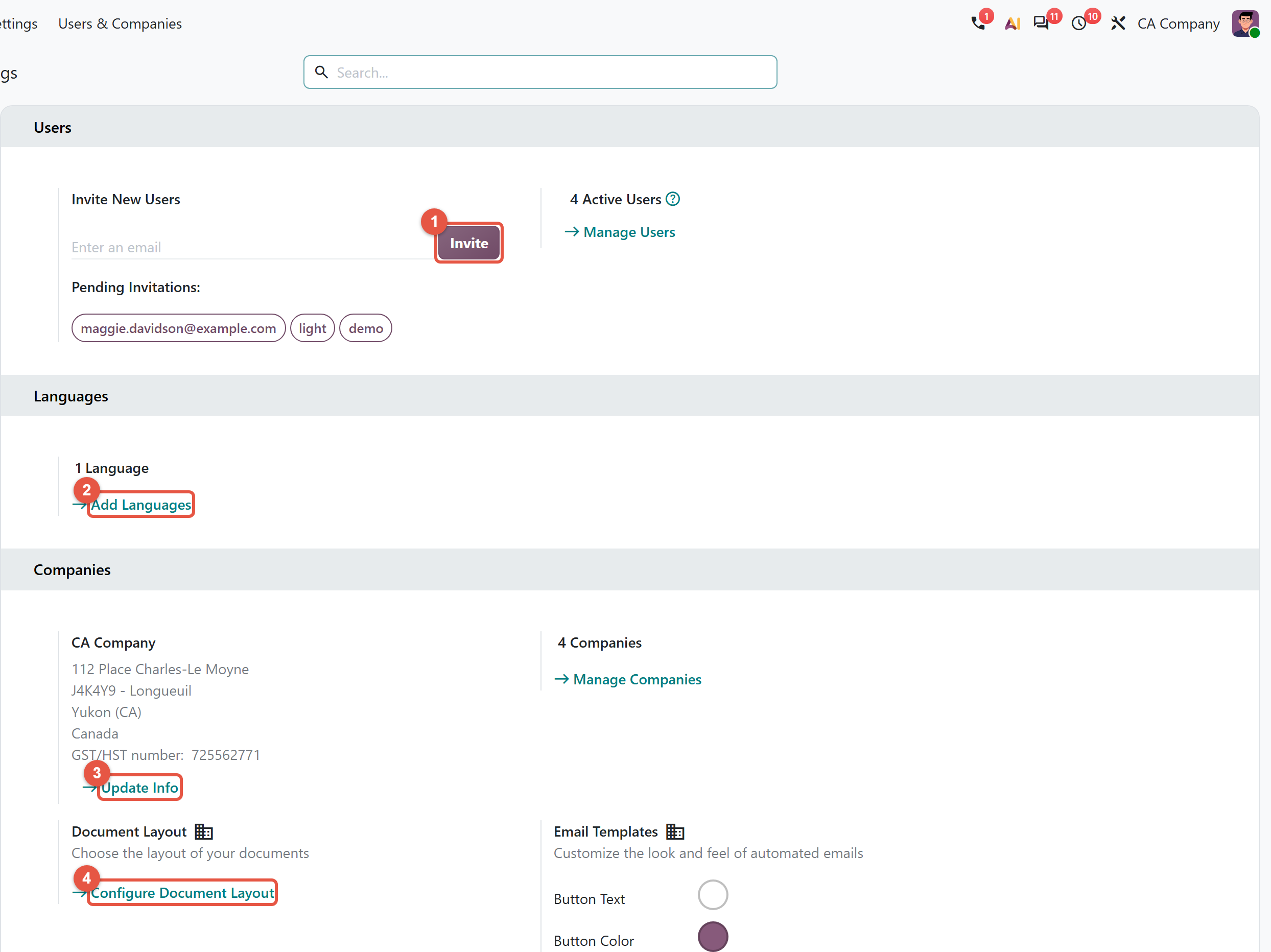 Odoo 20 General Settings with Invite, Add Languages, Update Info and Configure Document Layout highlighted