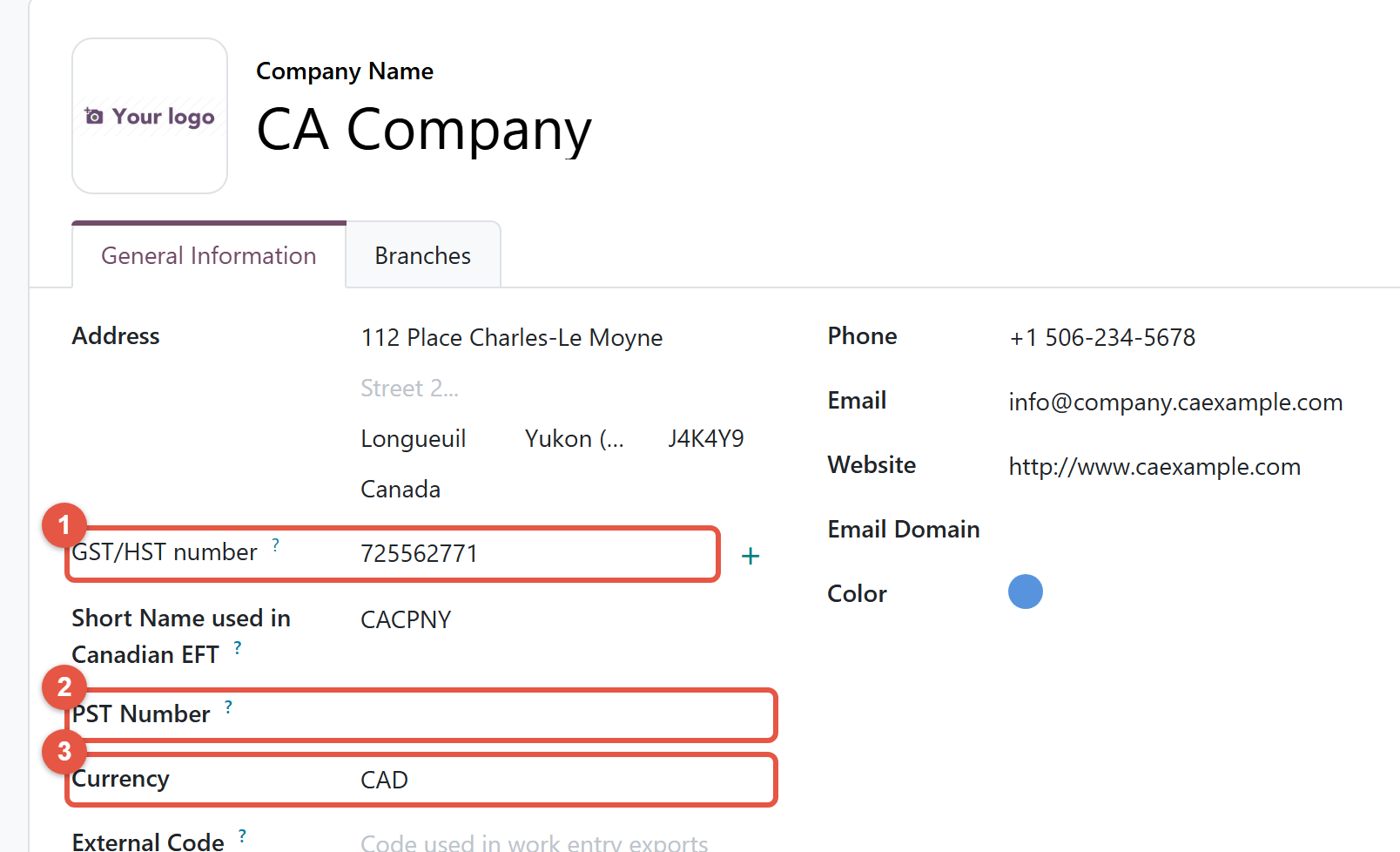 Odoo 20 company form for a Canadian company with GST/HST number, PST Number and Currency highlighted