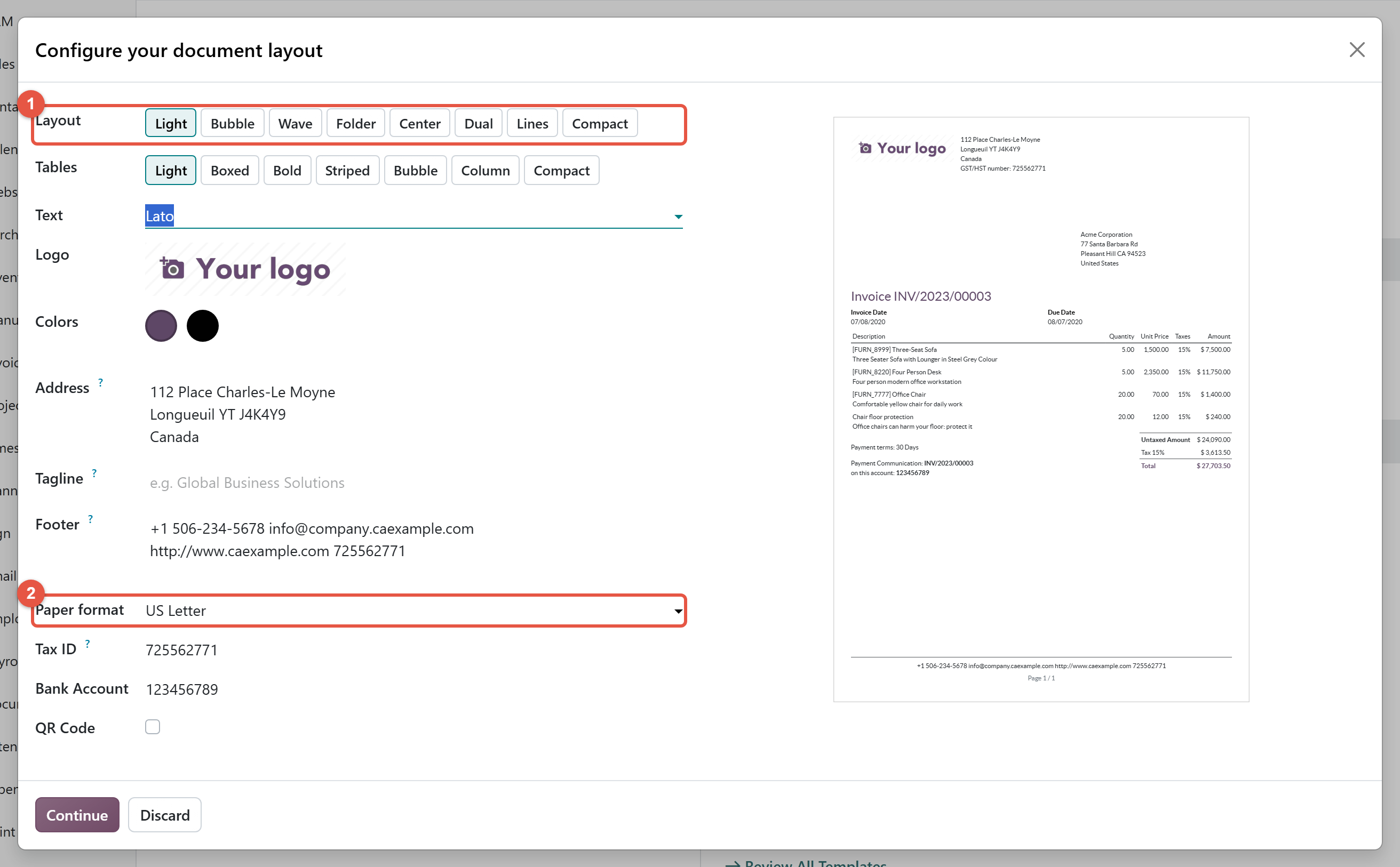 Odoo 20 Configure your document layout window with Layout and Paper format highlighted