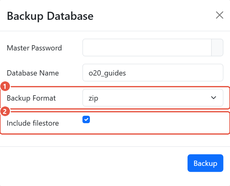 Odoo database manager Backup Database form with Backup Format set to zip and Include filestore ticked