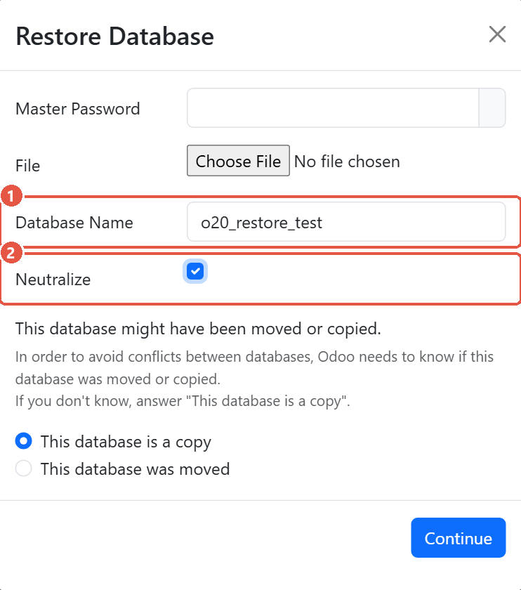 Odoo database manager Restore Database form with a new database name and Neutralize ticked