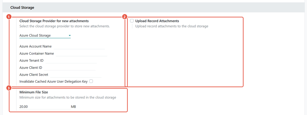 Cloud Storage section of the Odoo 20 Settings app with Azure Cloud Storage chosen, Upload Record Attachments and Minimum File Size