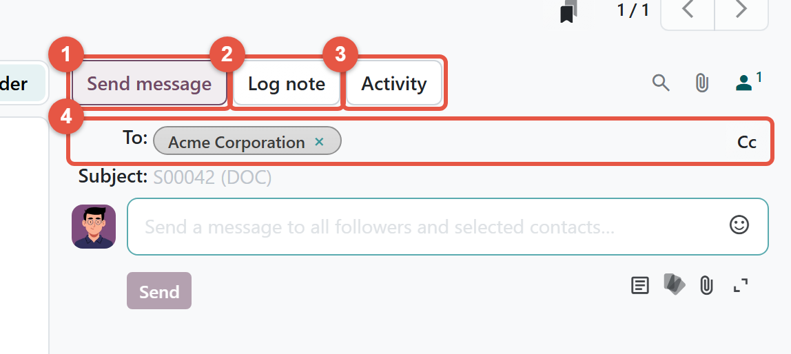 Odoo 20 chatter on a sales order with Send message open and the customer already in the To line