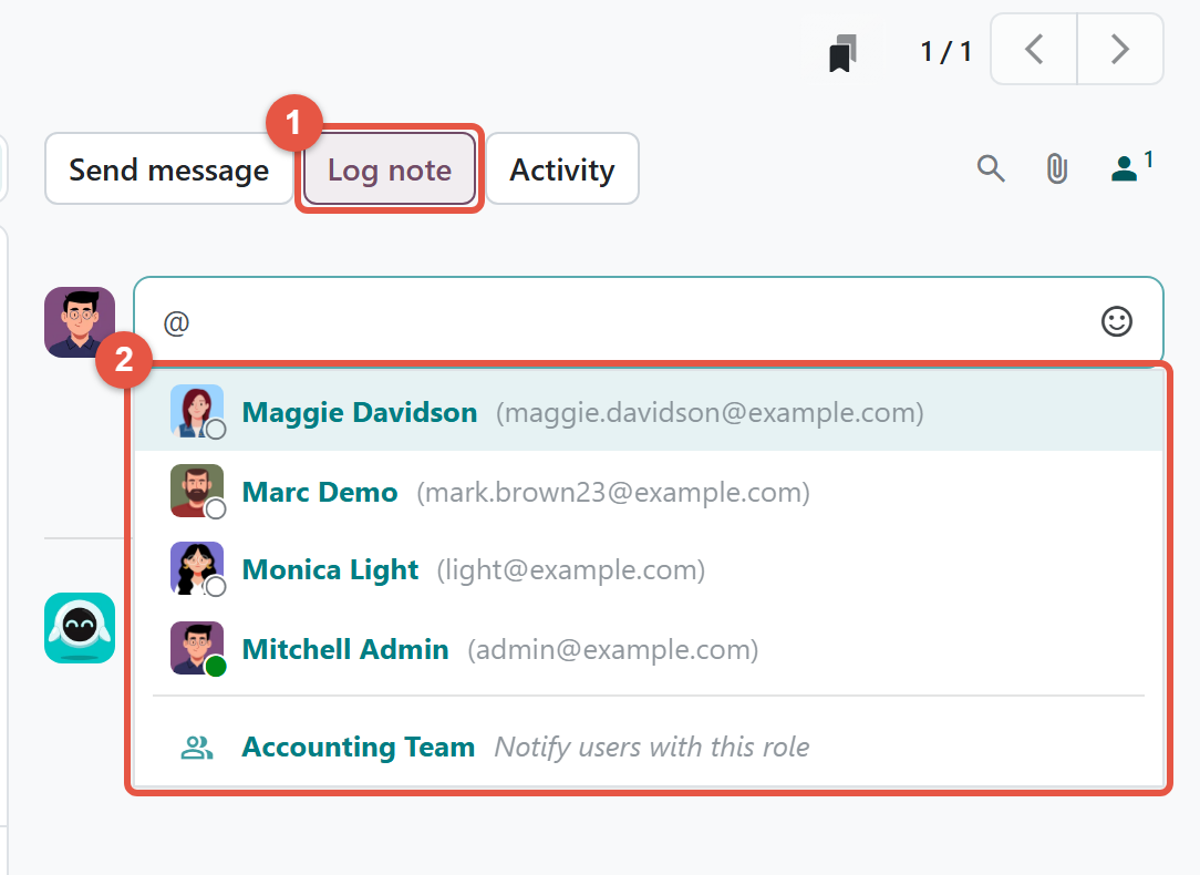 Typing @ in an Odoo 20 log note, showing only internal users and a role