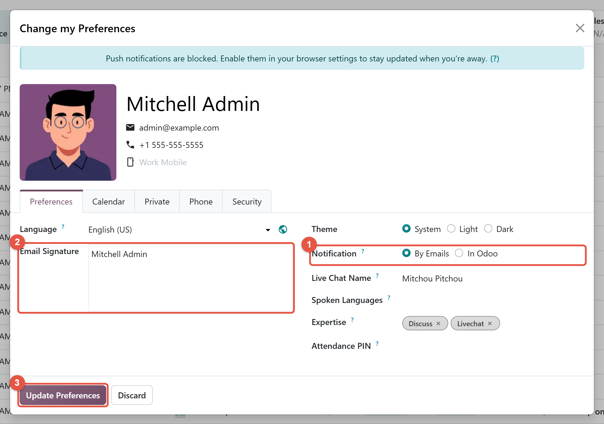 Odoo 20 Change My Preferences window with Notification, Email Signature and Update Preferences highlighted