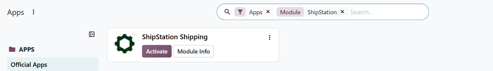 Odoo 20 Apps search for ShipStation showing the ShipStation Shipping app with an Activate button