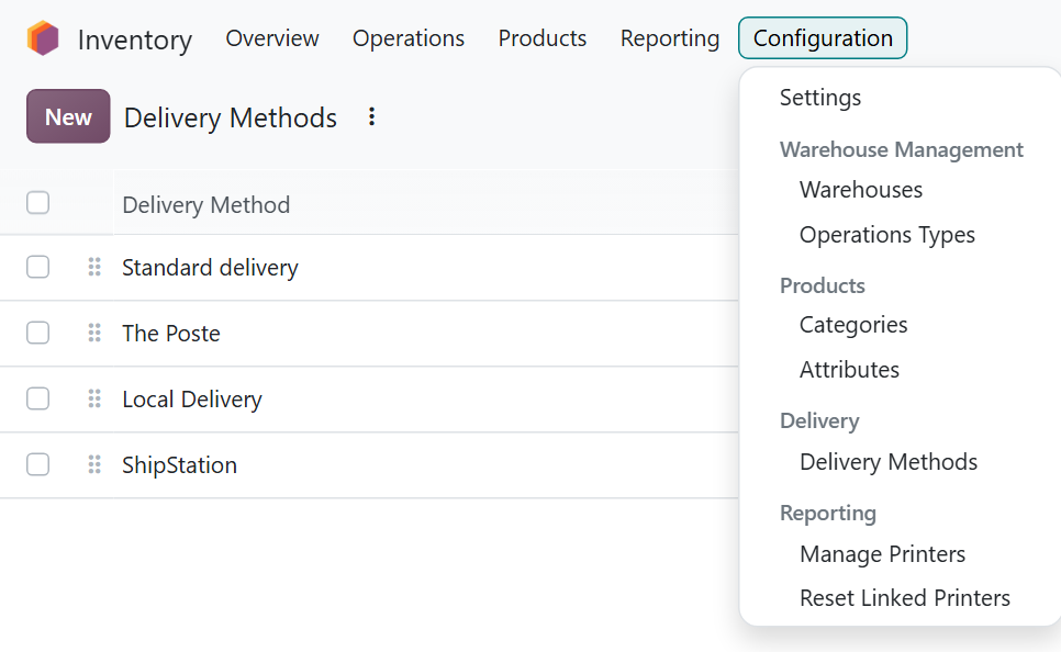 Inventory Configuration menu open with Delivery Methods under the Delivery heading