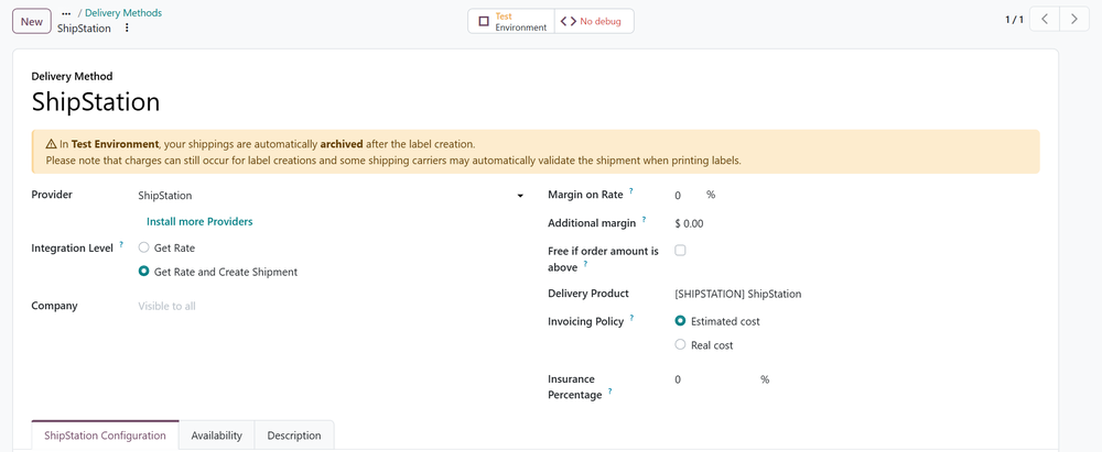ShipStation delivery method form with Provider, Integration Level, Invoicing Policy and the Test Environment button
