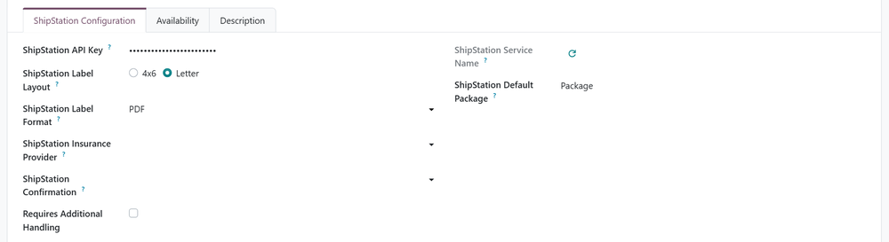 ShipStation Configuration tab with API key, label layout and format, insurance, confirmation and the sync icon