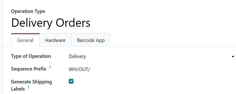 Delivery Orders operation type with Generate Shipping Labels ticked
