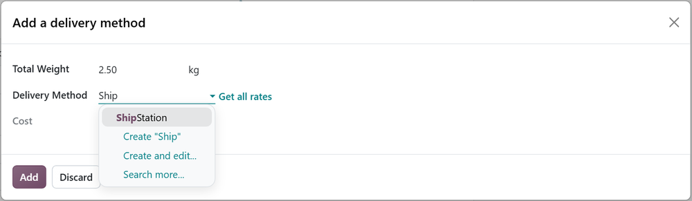 Add a delivery method dialog with ShipStation in the Delivery Method list and the Get all rates link