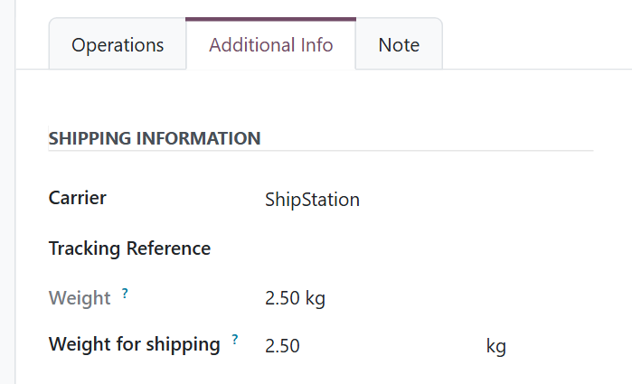 Delivery order Additional Info tab with Carrier ShipStation, Tracking Reference, Weight and Weight for shipping