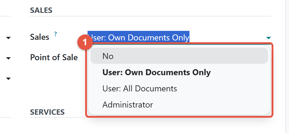The Sales access level drop-down in Odoo 20 showing No, User: Own Documents Only, User: All Documents and Administrator