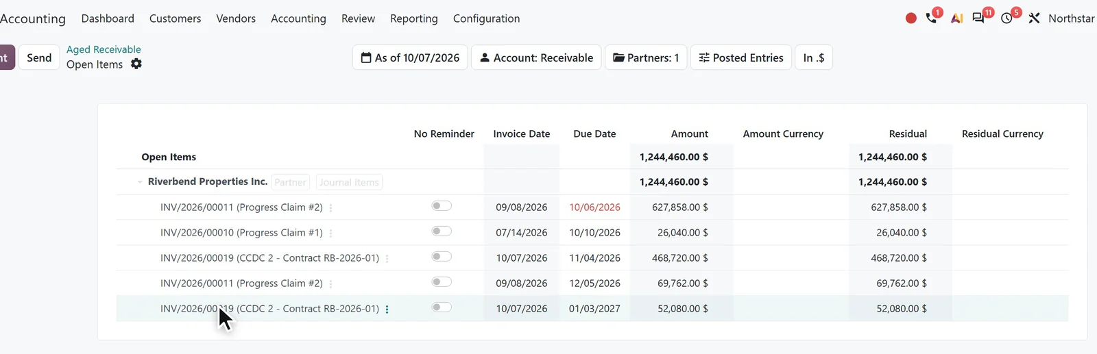Aged Receivable in Odoo 20 on a construction company database