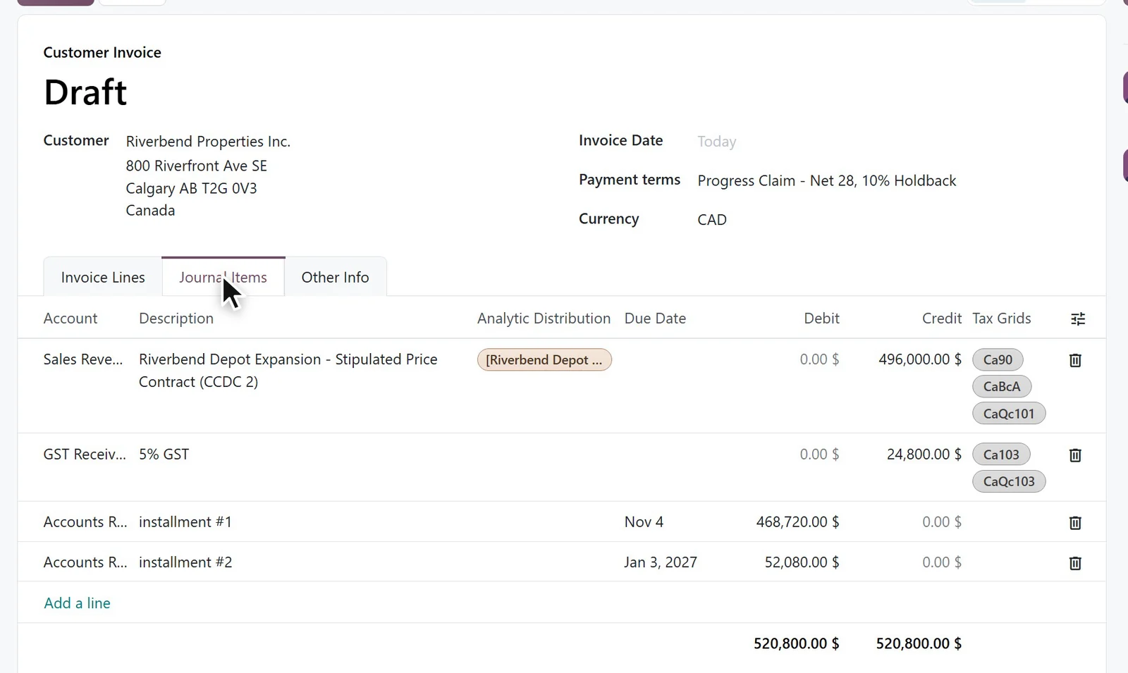 Progress Billing in Odoo 20 on a construction company database