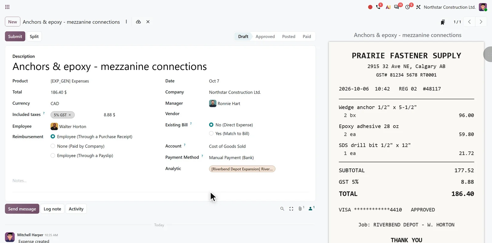 Timesheets & Expenses in Odoo 20 on a construction company database