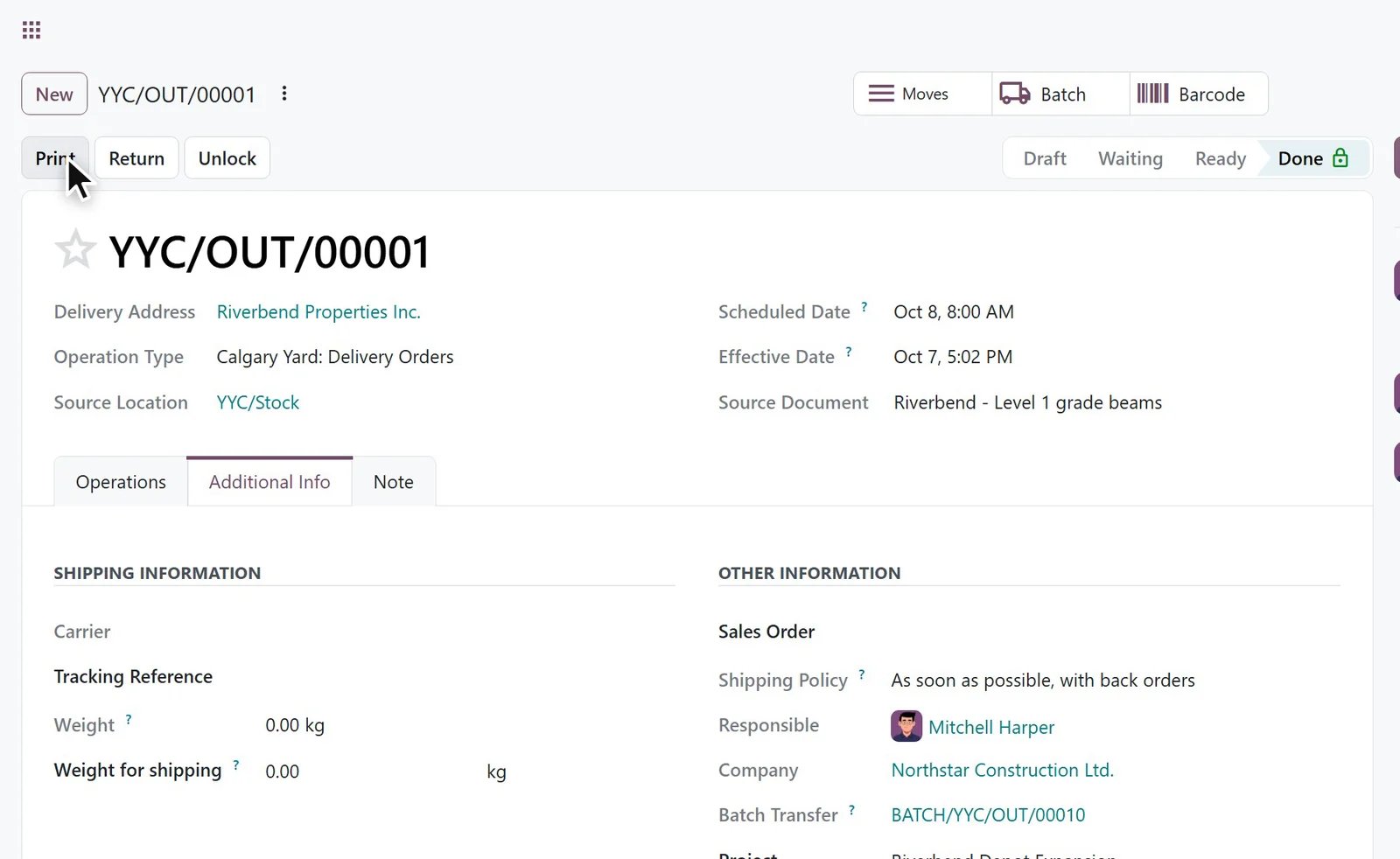 Materials in Odoo 20 on a construction company database